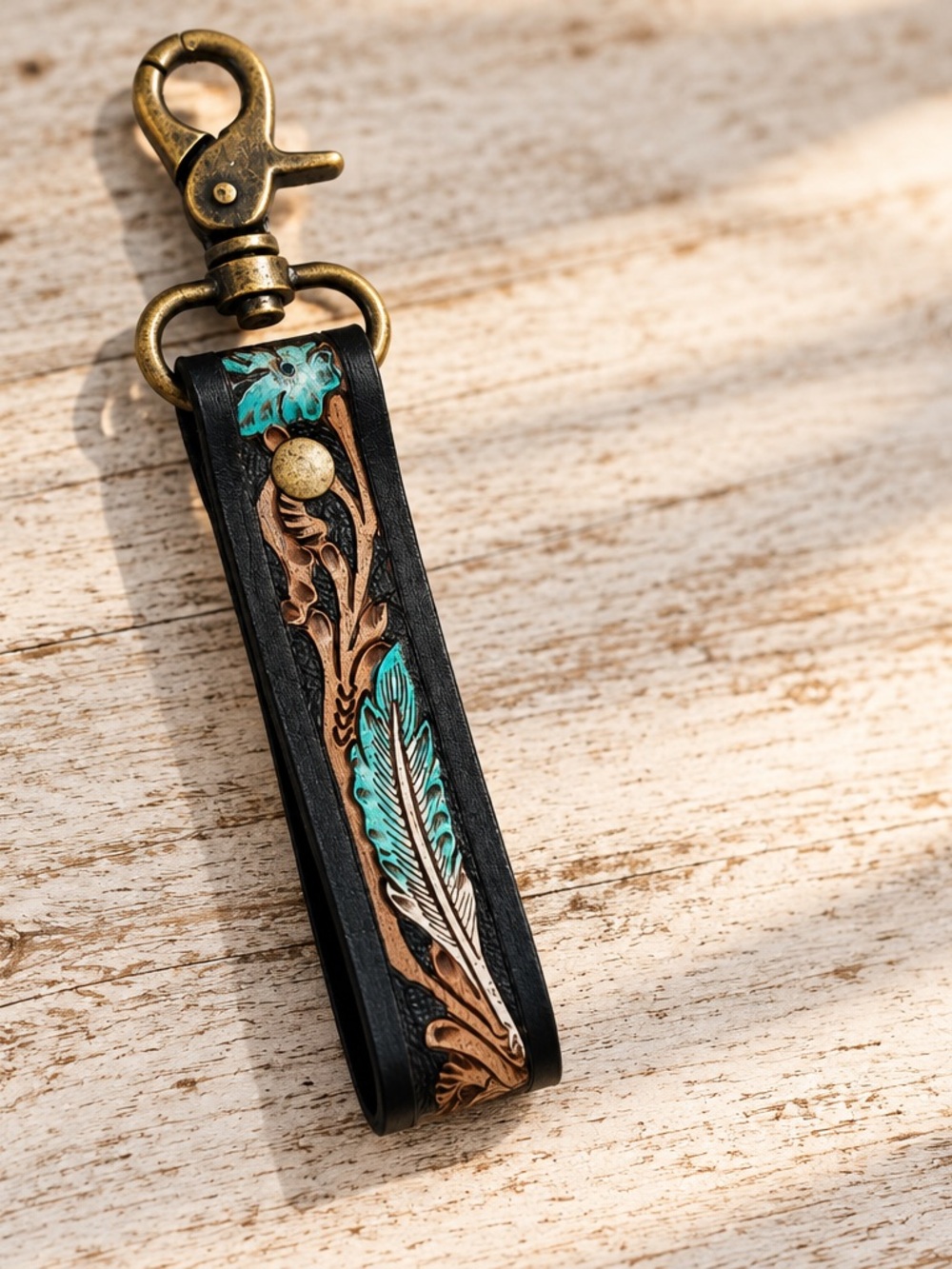 Myra Bag Tooled Leather Key Fob Wristlet Feather Turquoise Western Boho Gift